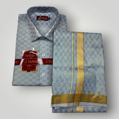 Horad Kora Cotton Tissue Blue Square Emboss Shirt+Dhoti