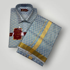 Horad Kora Cotton Tissue Blue Square Emboss Shirt+Dhoti