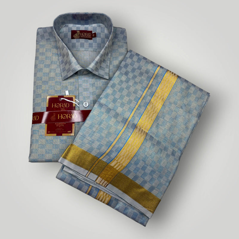 Horad Kora Cotton Tissue Blue Square Emboss Shirt+Dhoti