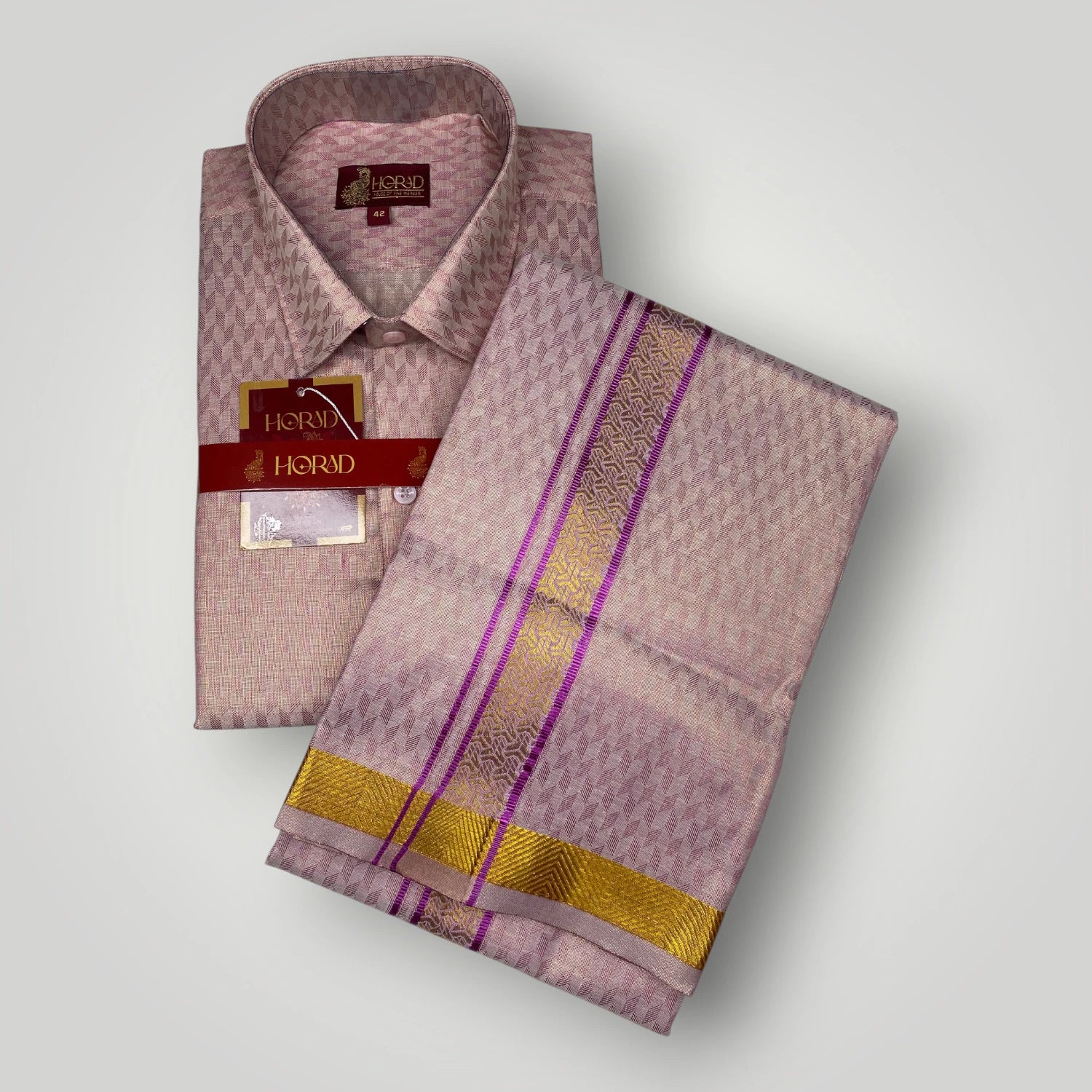 Horad Kora Cotton Tissue Emboss Dark Pink Shirt+Dhoti – HORAD