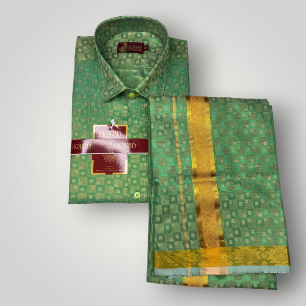 Horad Kora Cotton Tissue Dark Green Emboss Shirt+Dhoti