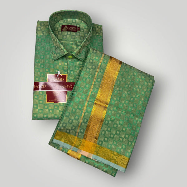 Horad Kora Cotton Tissue Dark Green Emboss Shirt+Dhoti