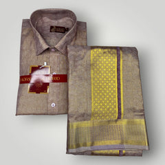Horad Kora Cotton Tissue Magenta Emboss Shirt+Dhoti + Angavastram