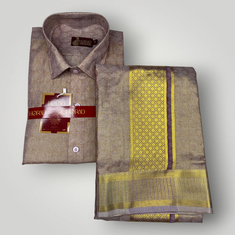Horad Kora Cotton Tissue Magenta Emboss Shirt+Dhoti + Angavastram