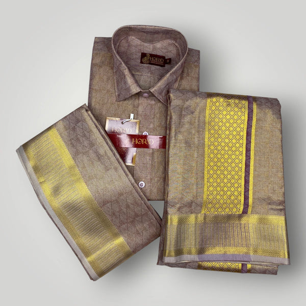 Horad Kora Cotton Tissue Magenta Emboss Shirt+Dhoti + Angavastram