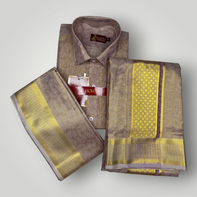 Horad Kora Cotton Tissue Magenta Emboss Shirt+Dhoti + Angavastram