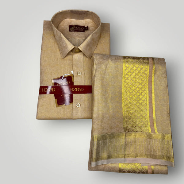 Horad Kora Cotton Tissue Light Gold Shirt + Dhoti + Angavastram