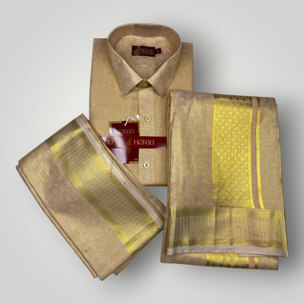Horad Kora Cotton Tissue Light Gold Shirt + Dhoti + Angavastram