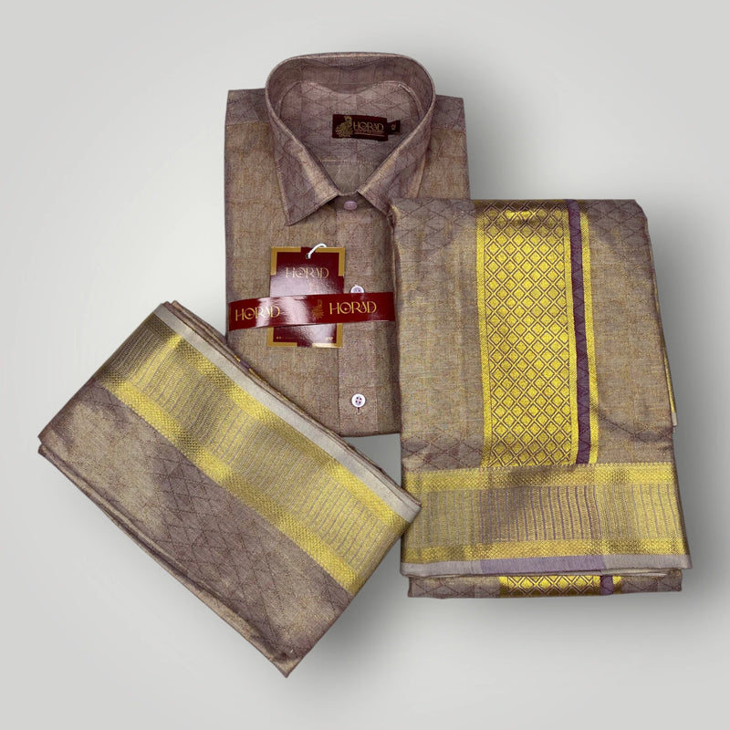 Horad Premium Art Silk Magenta Shirt + Dhoti + Angavastram