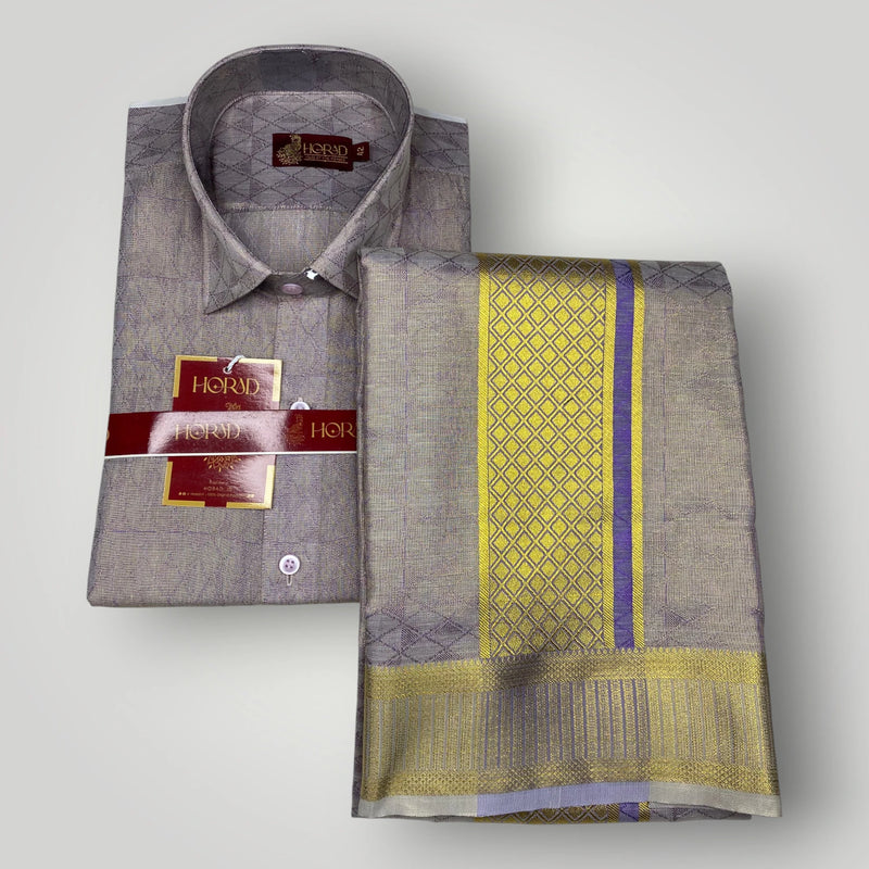 Horad Premium Art Silk Light sandstone Emboss Shirt + Dhoti + Angavastram