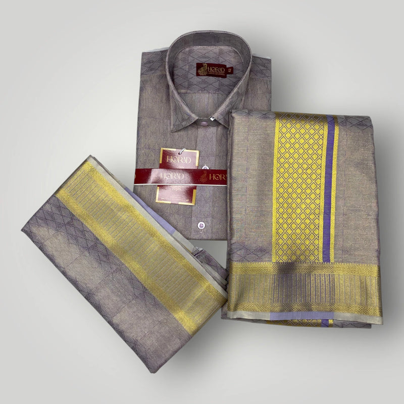 Horad Premium Art Silk Light sandstone Emboss Shirt + Dhoti + Angavastram