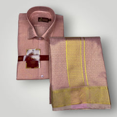 Horad Premium Art Silk Pink Shirt + Dhoti + Angavastram
