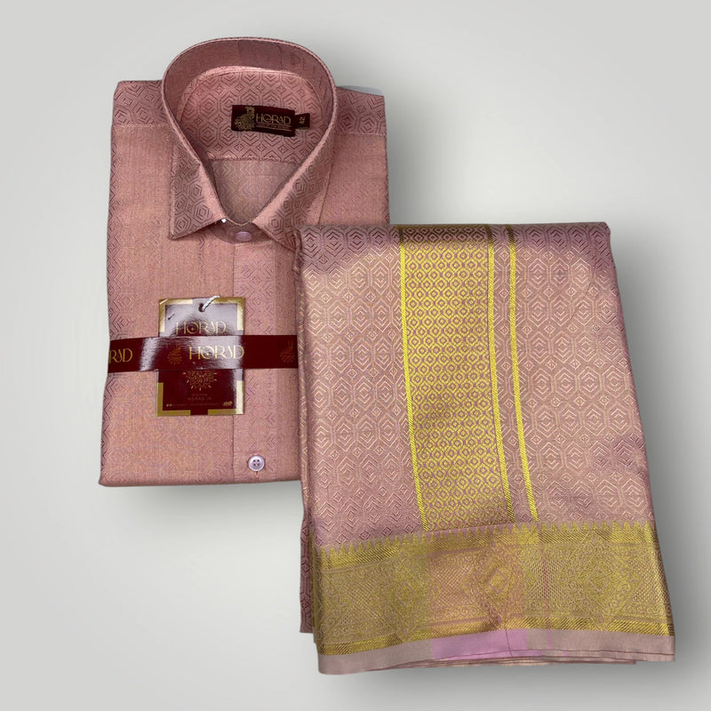 Horad Premium Art Silk Pink Shirt + Dhoti + Angavastram