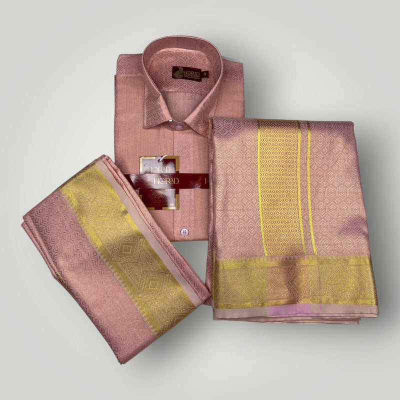 Horad Premium Art Silk Pink Shirt + Dhoti + Angavastram