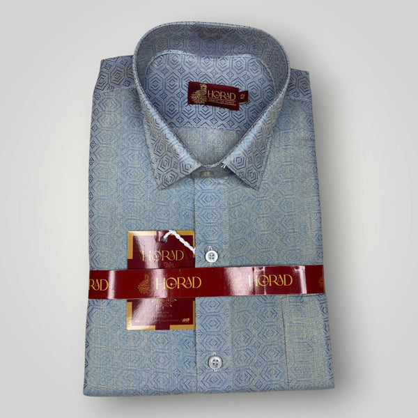Horad Premium Art Silk Navy Blue Emboss Shirt + Dhoti + Angavastram
