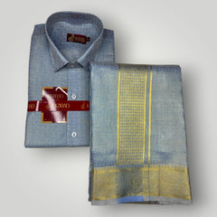 Horad Premium Art Silk Navy Blue Emboss Shirt + Dhoti + Angavastram