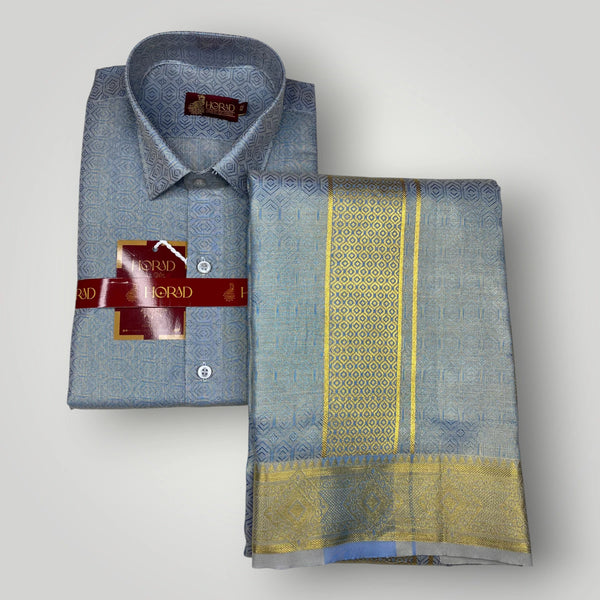 Horad Premium Art Silk Navy Blue Emboss Shirt + Dhoti + Angavastram