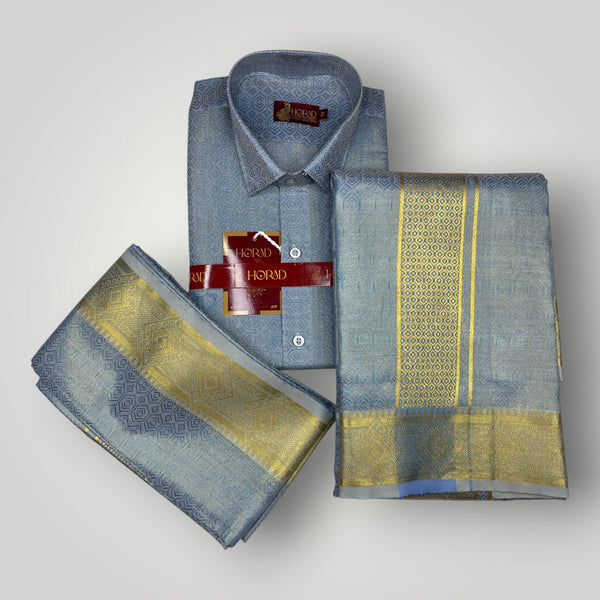 Horad Premium Art Silk Navy Blue Emboss Shirt + Dhoti + Angavastram