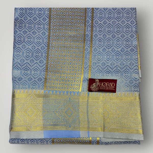 Horad Premium Art Silk Navy Blue Emboss Shirt + Dhoti + Angavastram