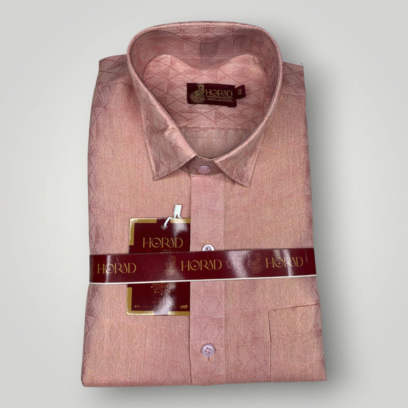Horad Premium Art Silk Pink Emboss Shirt + Dhoti + Angavastram