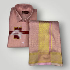 Horad Premium Art Silk Pink Emboss Shirt + Dhoti + Angavastram
