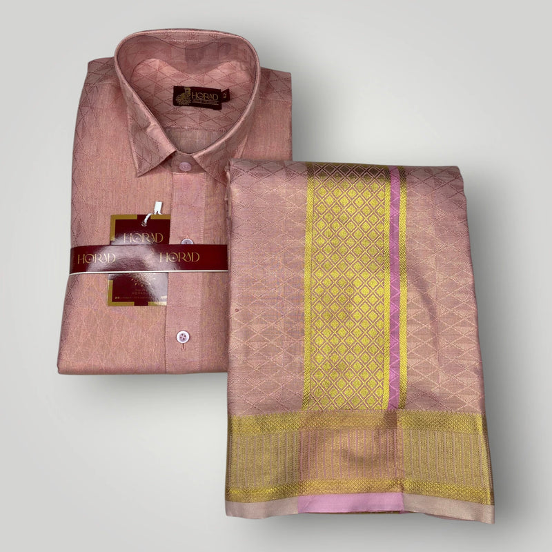 Horad Premium Art Silk Pink Emboss Shirt + Dhoti + Angavastram