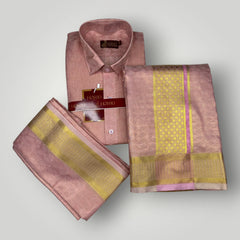 Horad Premium Art Silk Pink Emboss Shirt + Dhoti + Angavastram