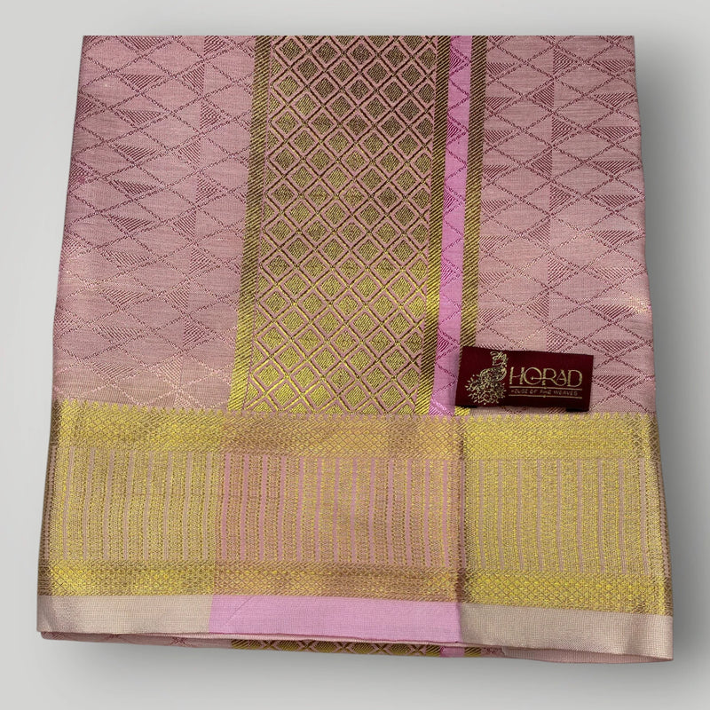 Horad Premium Art Silk Pink Emboss Shirt + Dhoti + Angavastram