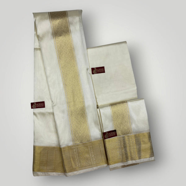 Horad Premium Art Silk Cream Emboss Shirt Material+Dhoti+Angavastram