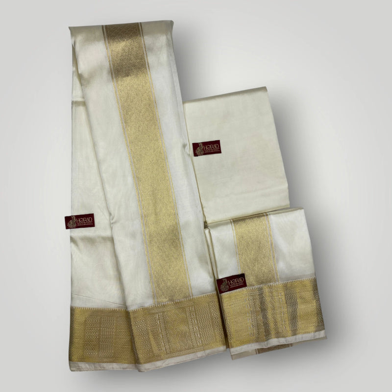 Horad Premium Art Silk Cream Emboss Shirt Material+Dhoti+Angavastram