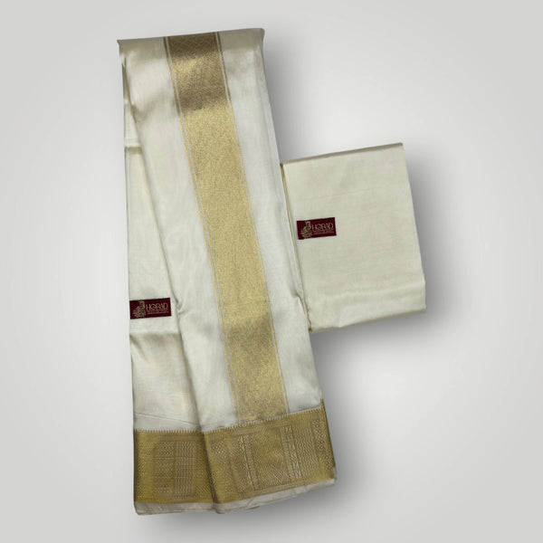 Horad Premium Art Silk Cream Emboss Shirt Material+Dhoti+Angavastram