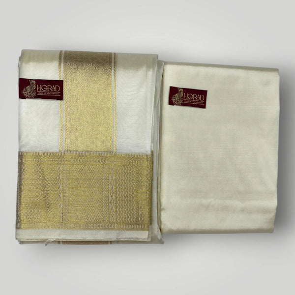 Horad Premium Art Silk Cream Emboss Shirt Material+Dhoti+Angavastram