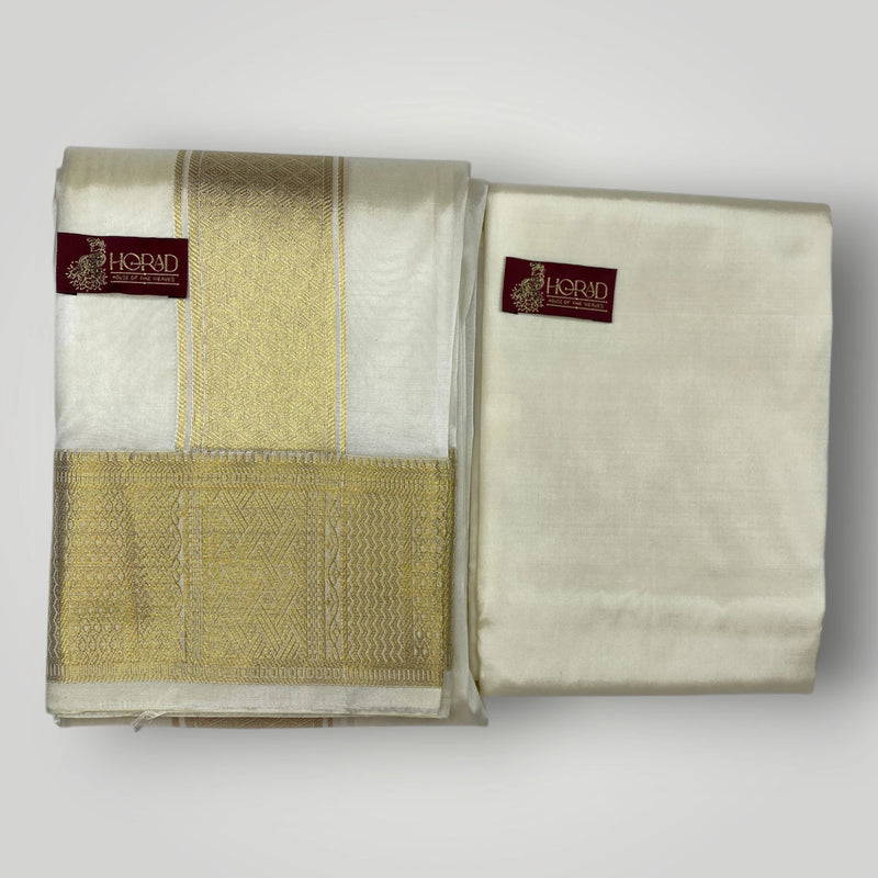 Horad Premium Art Silk Cream Emboss Shirt Material+Dhoti+Angavastram
