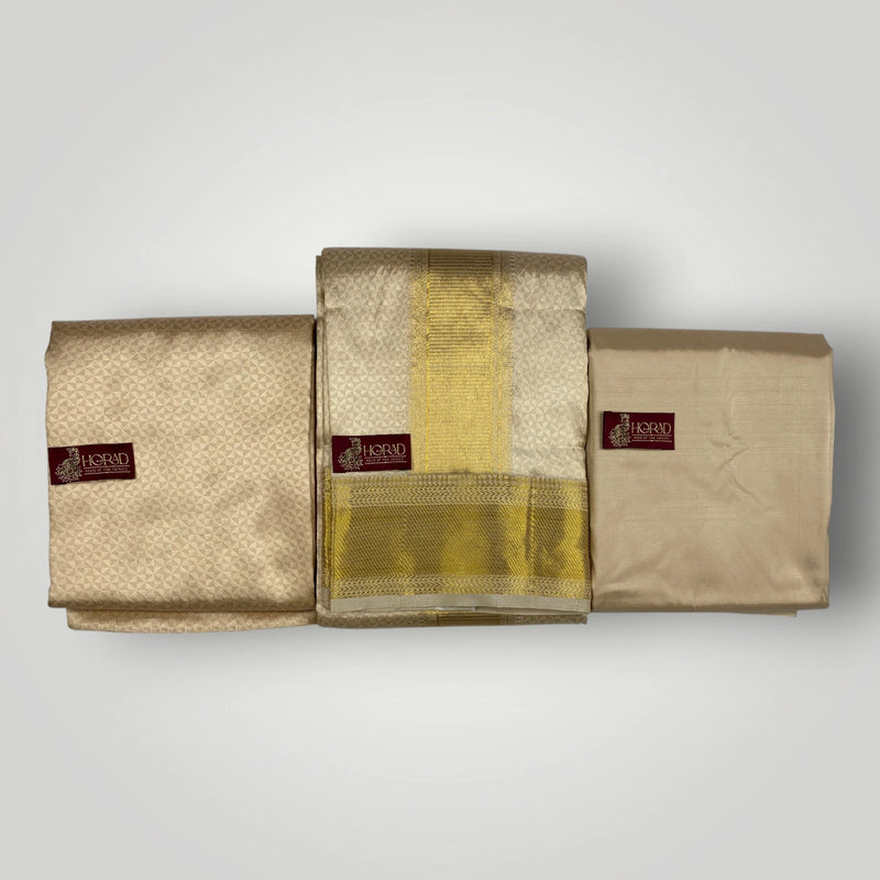 Horad Premium Art Silk Light Gold Emboss Shirt Material+Dhoti+Angavastram