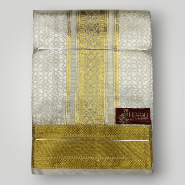 Horad Premium Art Silk Cream Emboss Shirt Material+Dhoti