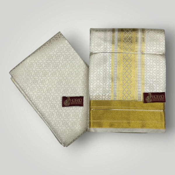 Horad Premium Art Silk Cream Emboss Shirt Material+Dhoti