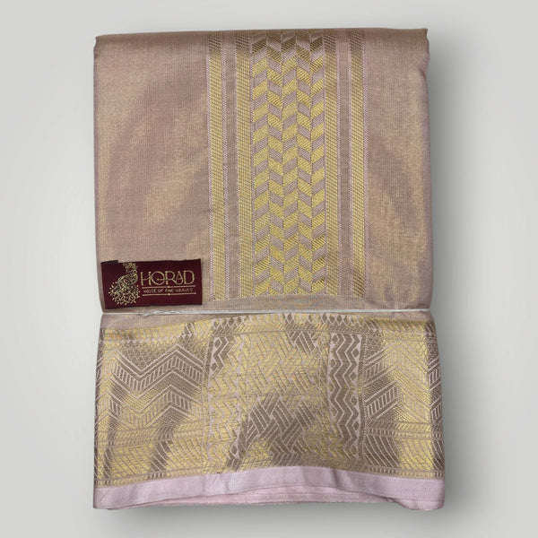Horad Premium Art Silk 3 Inch Rose Gold Emboss Shirt Material+Dhoti+Angavastram