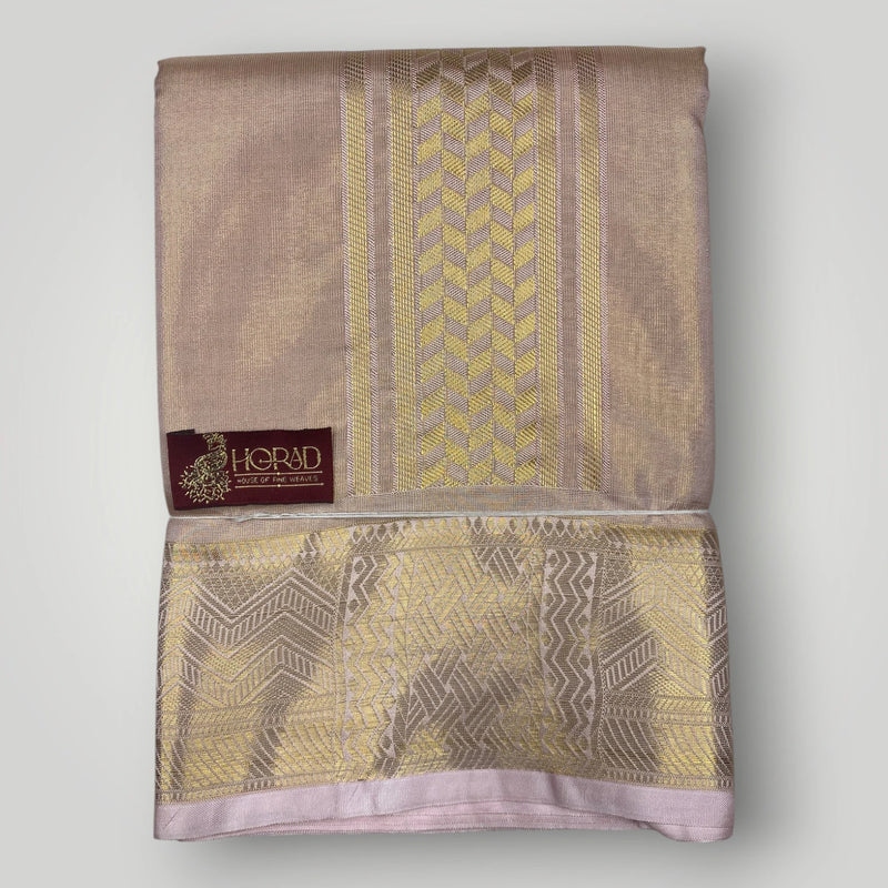 Horad Premium Art Silk 3 Inch Rose Gold Emboss Shirt Material+Dhoti+Angavastram
