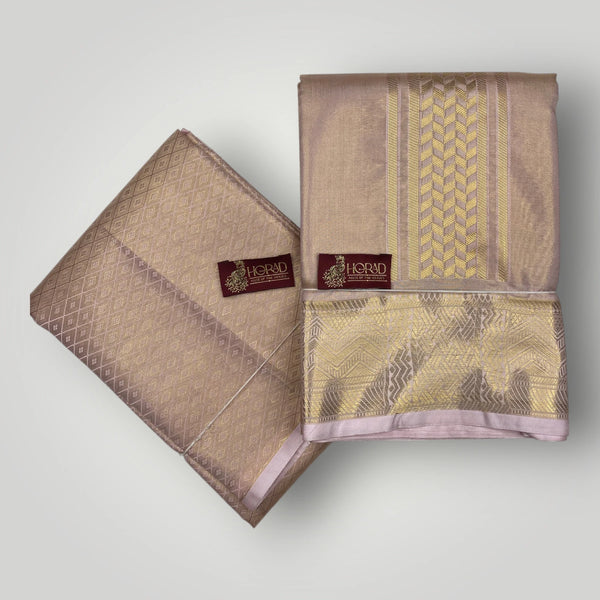 Horad Premium Art Silk 3 Inch Rose Gold Emboss Shirt Material+Dhoti+Angavastram