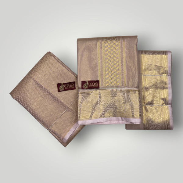 Horad Premium Art Silk 3 Inch Rose Gold Emboss Shirt Material+Dhoti+Angavastram