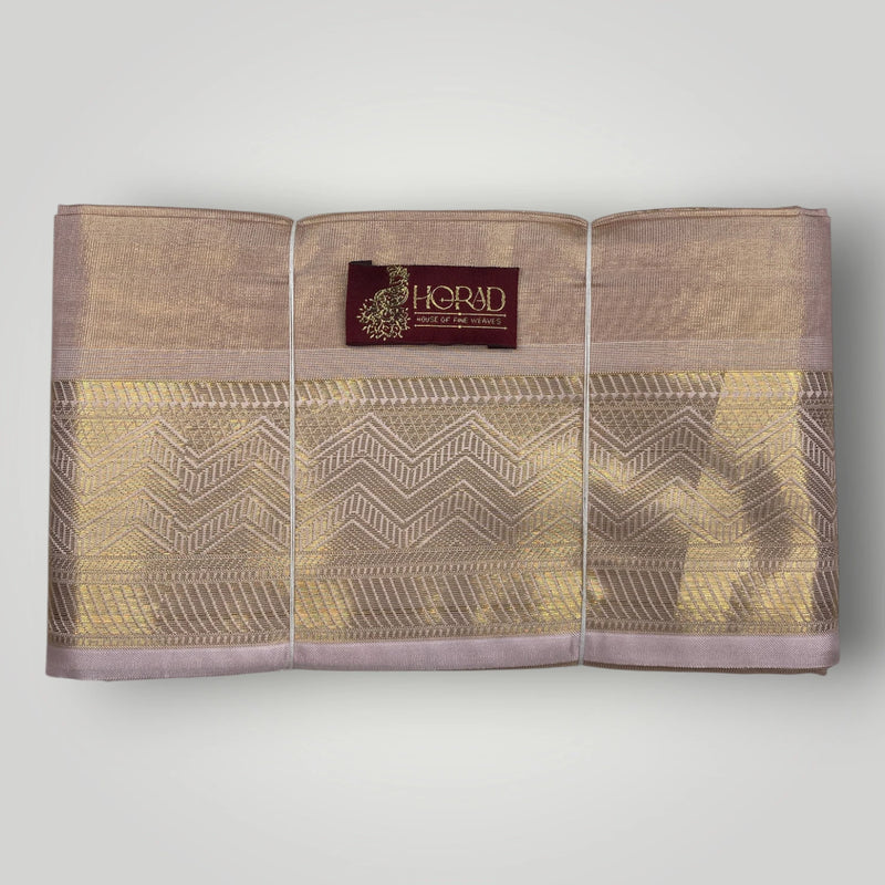 Horad Premium Art Silk 3 Inch Rose Gold Emboss Shirt Material+Dhoti+Angavastram