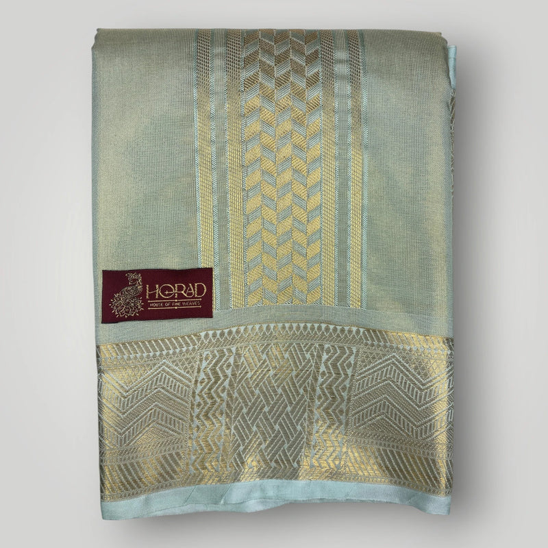 Horad Premium Art Silk 3 Inch Pista Green Emboss Shirt Material+Dhoti+Angavastram