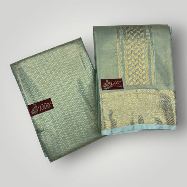 Horad Premium Art Silk 3 Inch Pista Green Emboss Shirt Material+Dhoti+Angavastram