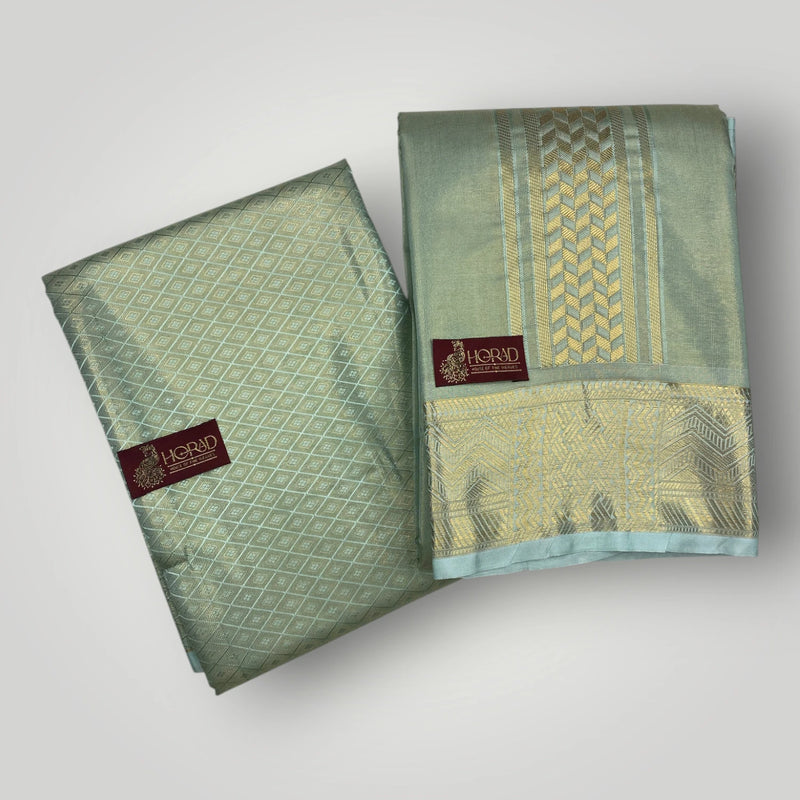 Horad Premium Art Silk 3 Inch Pista Green Emboss Shirt Material+Dhoti+Angavastram