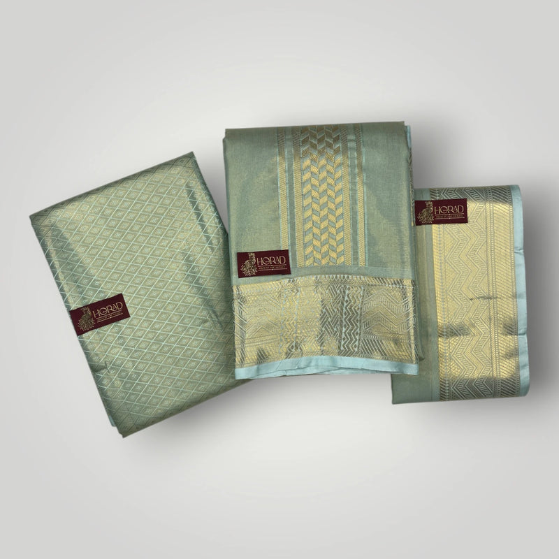 Horad Premium Art Silk 3 Inch Pista Green Emboss Shirt Material+Dhoti+Angavastram