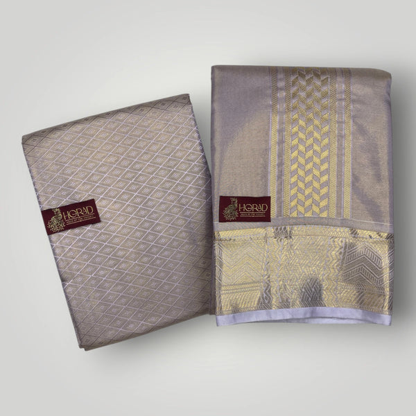 Horad Premium Art Silk 3 Inch Lavender Emboss Shirt Material+Dhoti+Angavastram
