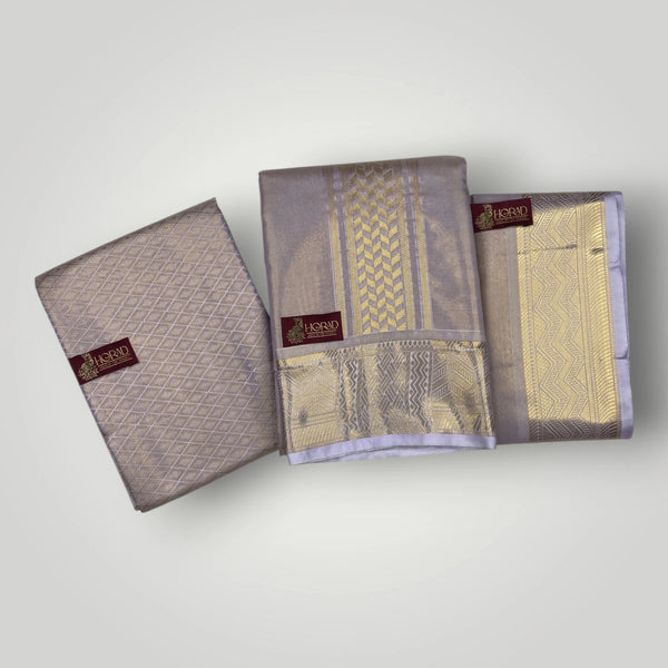 Horad Premium Art Silk 3 Inch Lavender Emboss Shirt Material+Dhoti+Angavastram