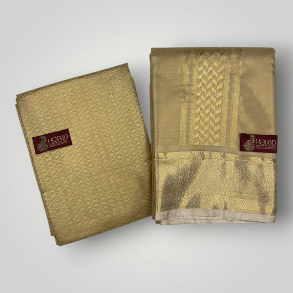 Horad Premium Art Silk Tissue Gold Shirt Material+Dhoti+Angavastram