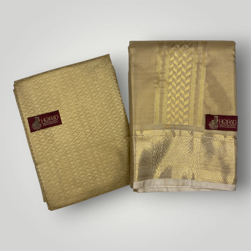 Horad Premium Art Silk 3 Inch Gold Tissue Emboss Shirt Material+Dhoti+Angavastram