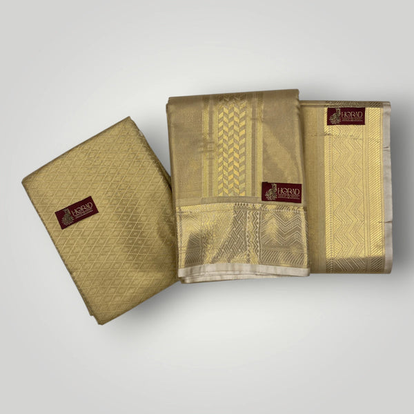 Horad Premium Art Silk Tissue Gold Shirt Material+Dhoti+Angavastram